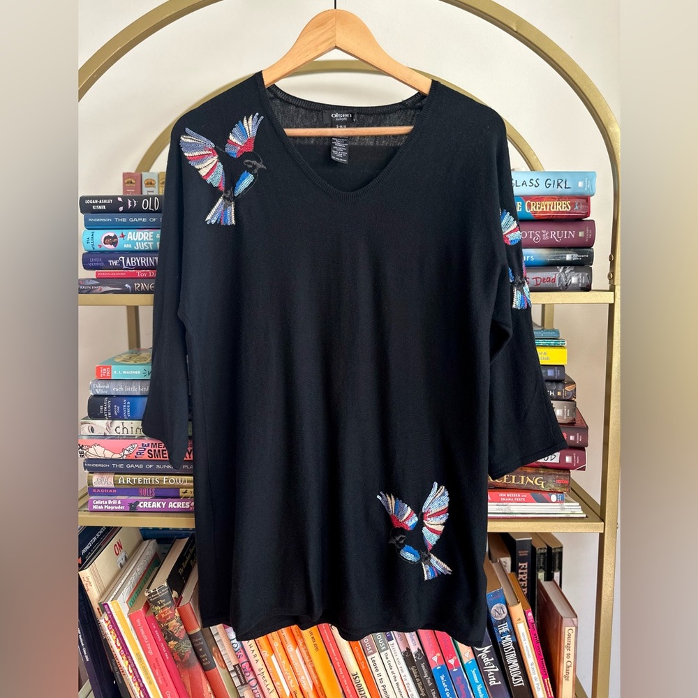 Olsen Europe Soft Black Embellished Bird Sweater 🕊️✨